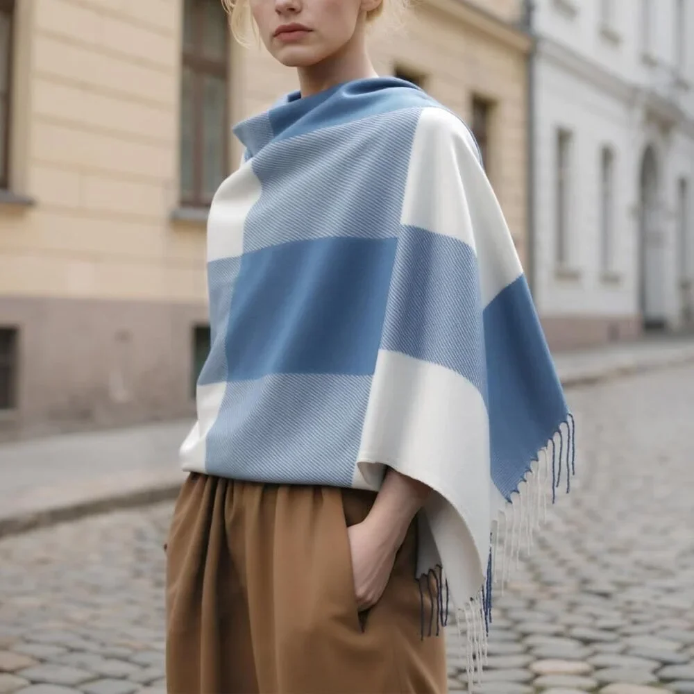 Women's blue White Lattice Scarf Fashion Long Plaid Shawls Wraps Big Grid Winter